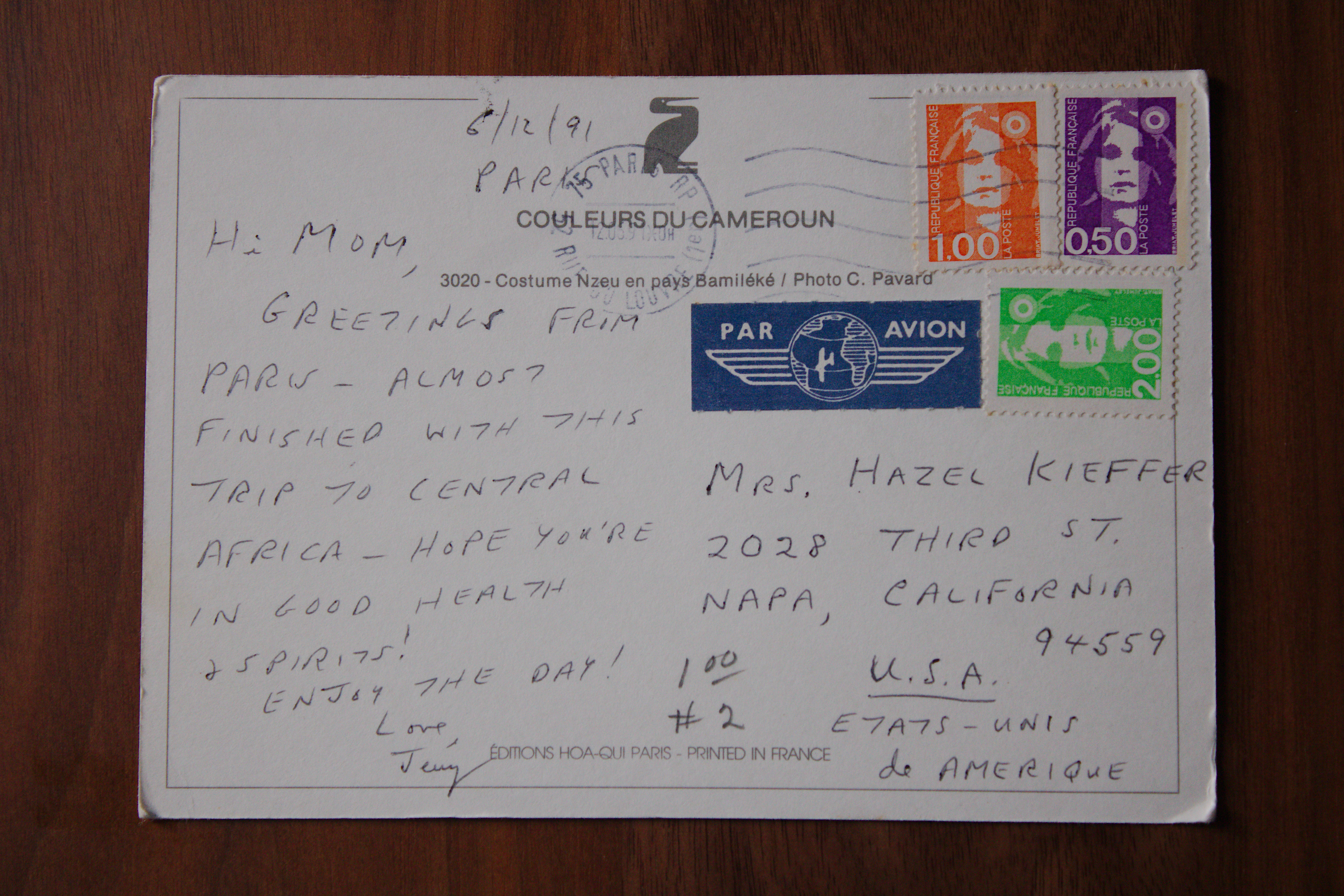 "The back of that postcard, sent from Paris...about a trip to Central Africa?"